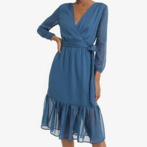 EUC J. Crew Point Sur Faux Wrap Lurex Chiffon Dress Deep Teal Size 16